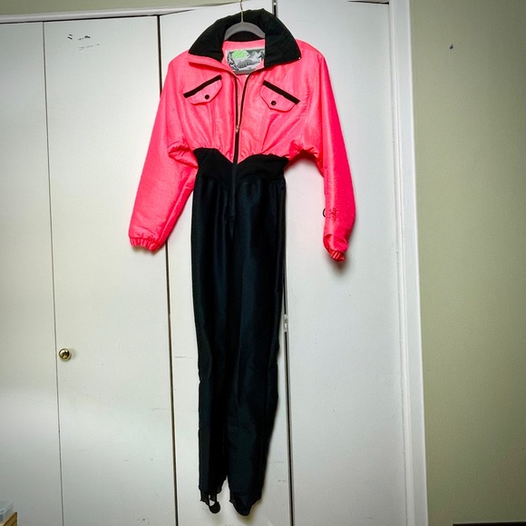 Vintage 1980s NILS Pink and Black Winter Ski Suit One Piece Made in USA - Picture 1 of 12